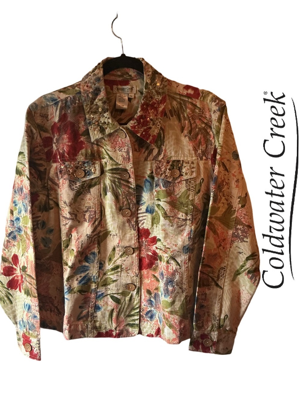 Coldwater Creek Floral Embellished Jean Jacket/Cream, Red, Blue & Green Size PXL